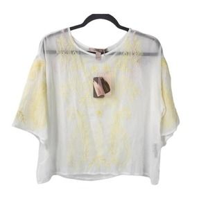 New NWT Sheer Boho Floral Embroidered Beachy Top‎ Medium White Yellow